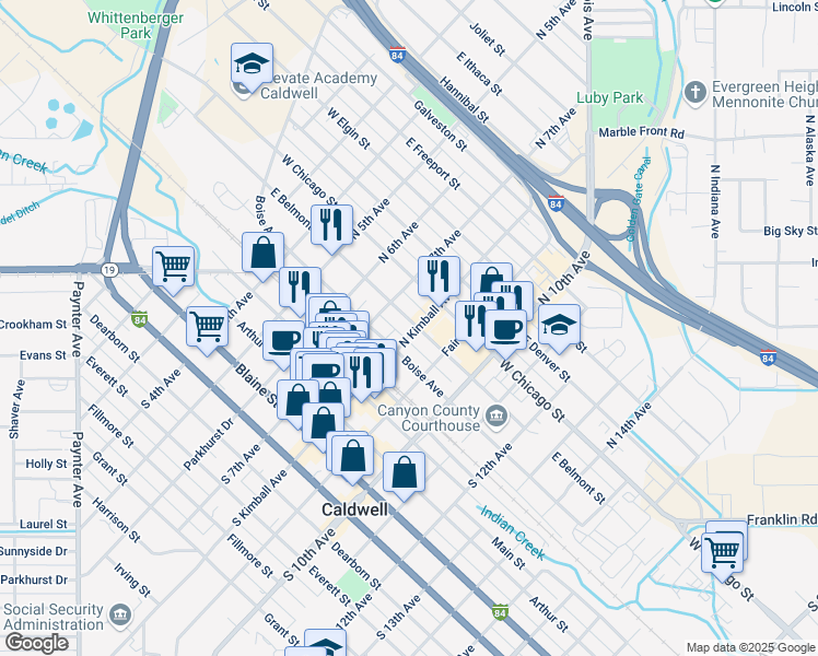 map of restaurants, bars, coffee shops, grocery stores, and more near 221 North Kimball Avenue in Caldwell