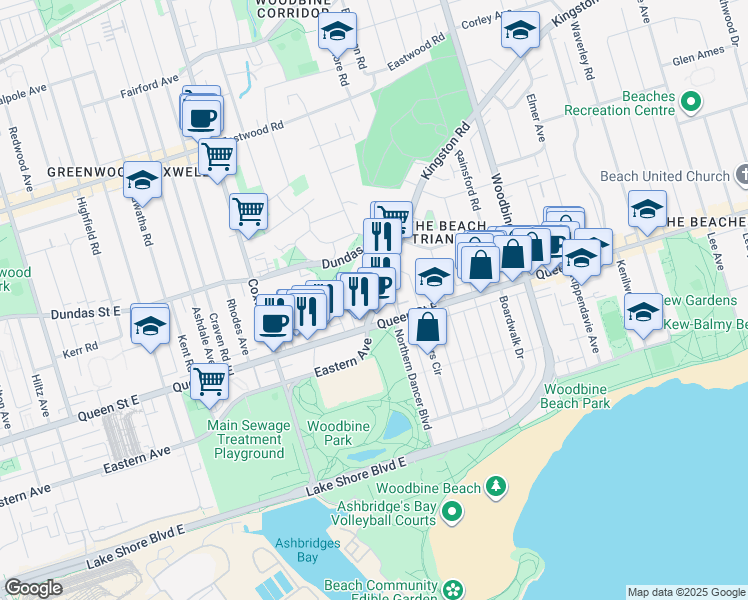 map of restaurants, bars, coffee shops, grocery stores, and more near 8 Kingston Road in Toronto