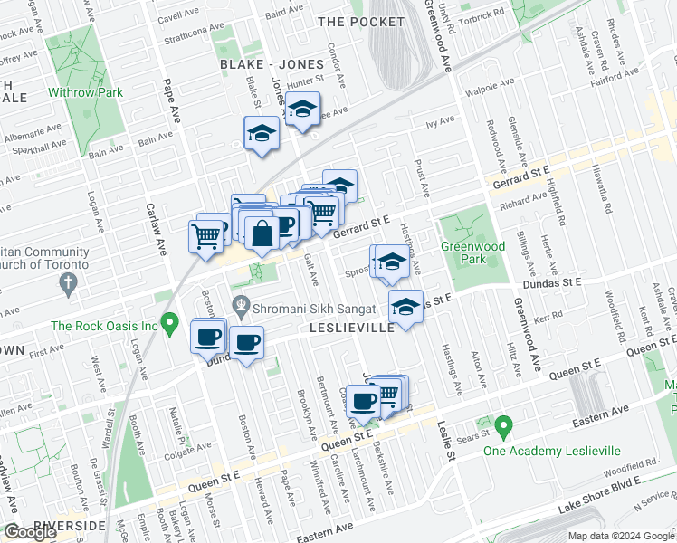 map of restaurants, bars, coffee shops, grocery stores, and more near 201 Jones Avenue in Toronto