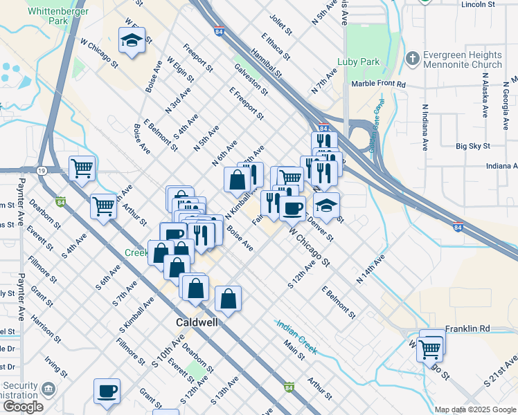 map of restaurants, bars, coffee shops, grocery stores, and more near 820 East Chicago Street in Caldwell