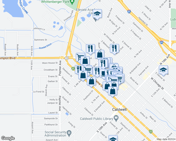 map of restaurants, bars, coffee shops, grocery stores, and more near in Caldwell