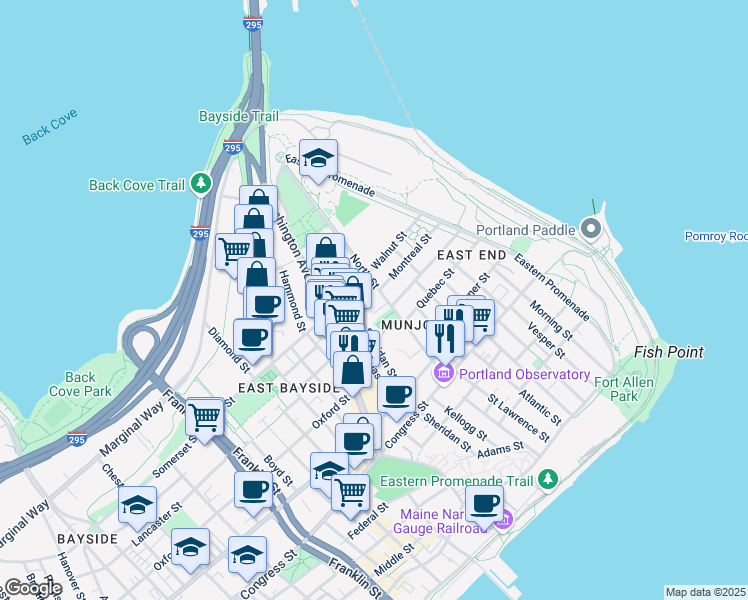 map of restaurants, bars, coffee shops, grocery stores, and more near in Portland