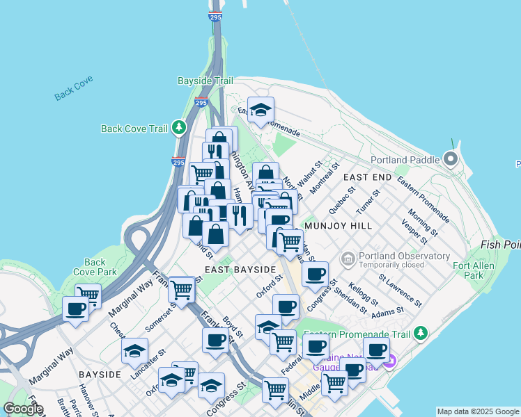 map of restaurants, bars, coffee shops, grocery stores, and more near 146 Washington Avenue in Portland