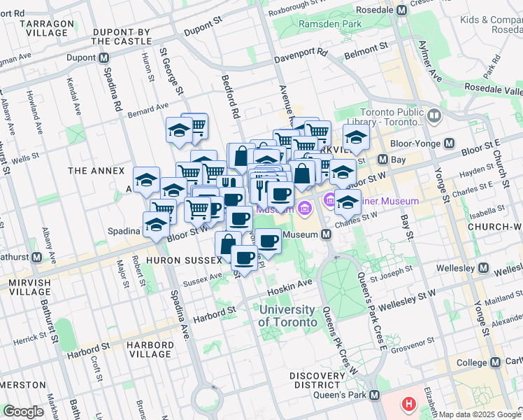 map of restaurants, bars, coffee shops, grocery stores, and more near 248 Bloor Street West in Toronto