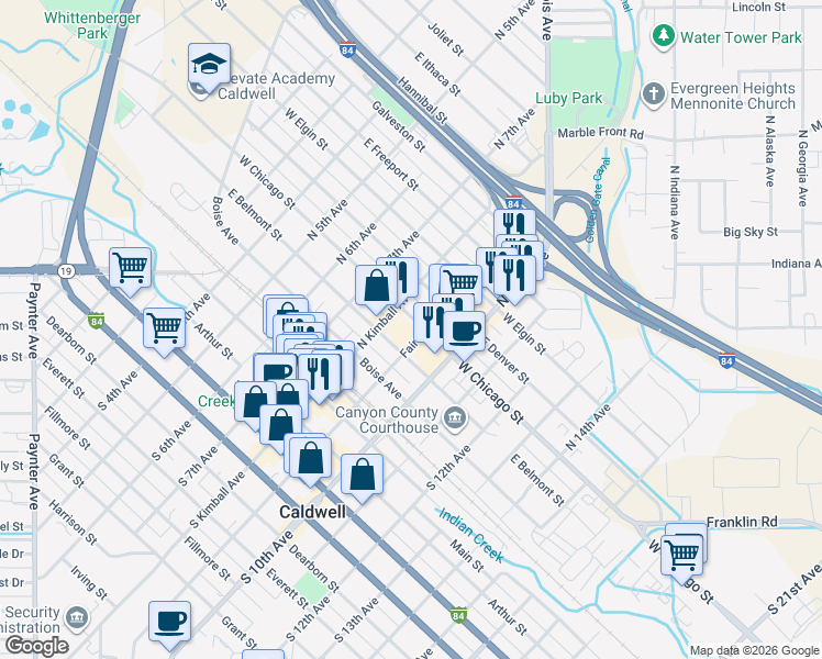 map of restaurants, bars, coffee shops, grocery stores, and more near 820 East Chicago Street in Caldwell