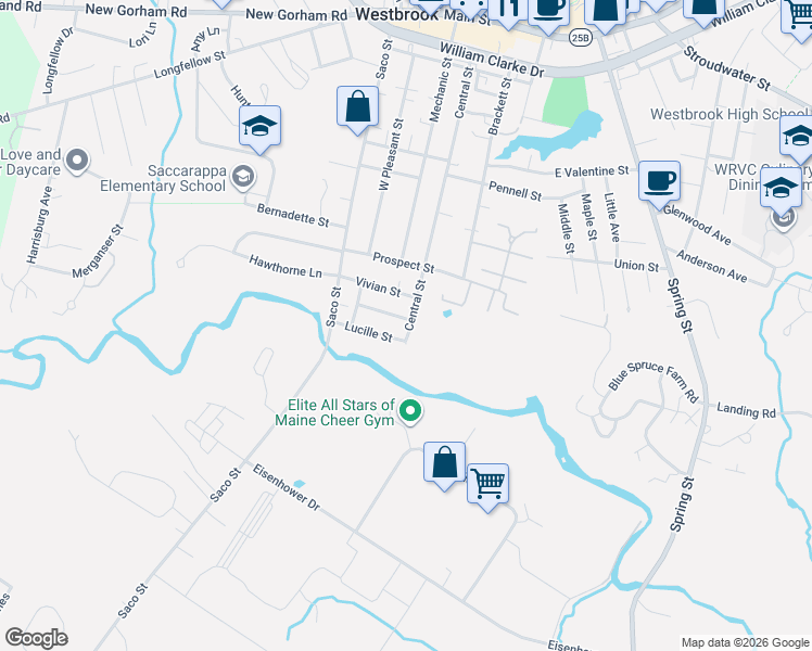 map of restaurants, bars, coffee shops, grocery stores, and more near 265 Central Street in Westbrook