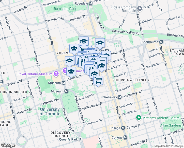 map of restaurants, bars, coffee shops, grocery stores, and more near 47 Charles Street West in Toronto