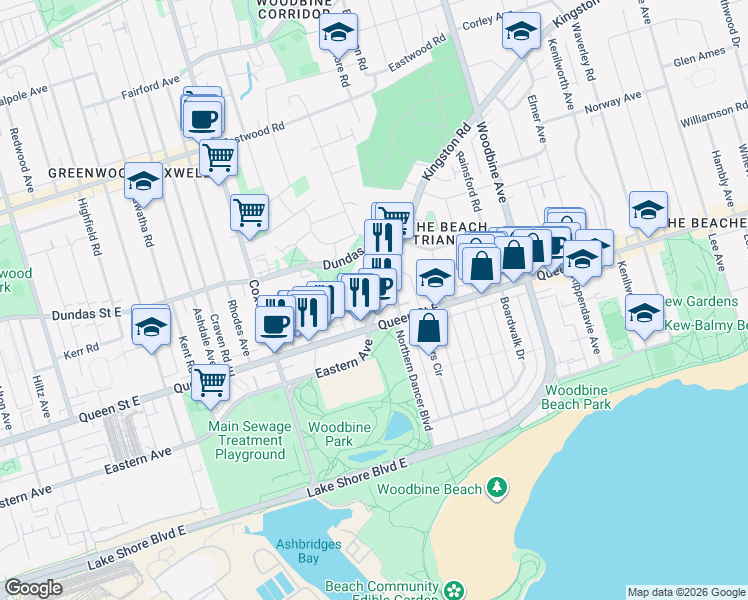 map of restaurants, bars, coffee shops, grocery stores, and more near 8 Kingston Road in Toronto