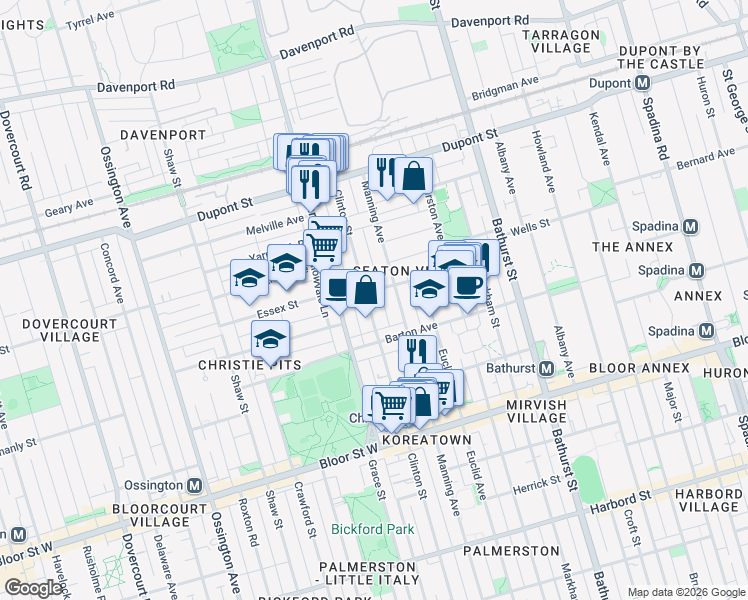map of restaurants, bars, coffee shops, grocery stores, and more near 493 Clinton Street in Toronto