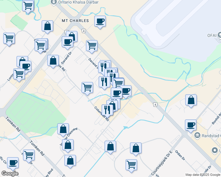 map of restaurants, bars, coffee shops, grocery stores, and more near 6740 Davand Drive in Mississauga