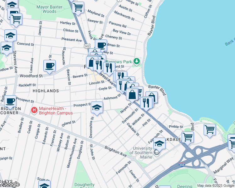 map of restaurants, bars, coffee shops, grocery stores, and more near 550 Forest Avenue in Portland