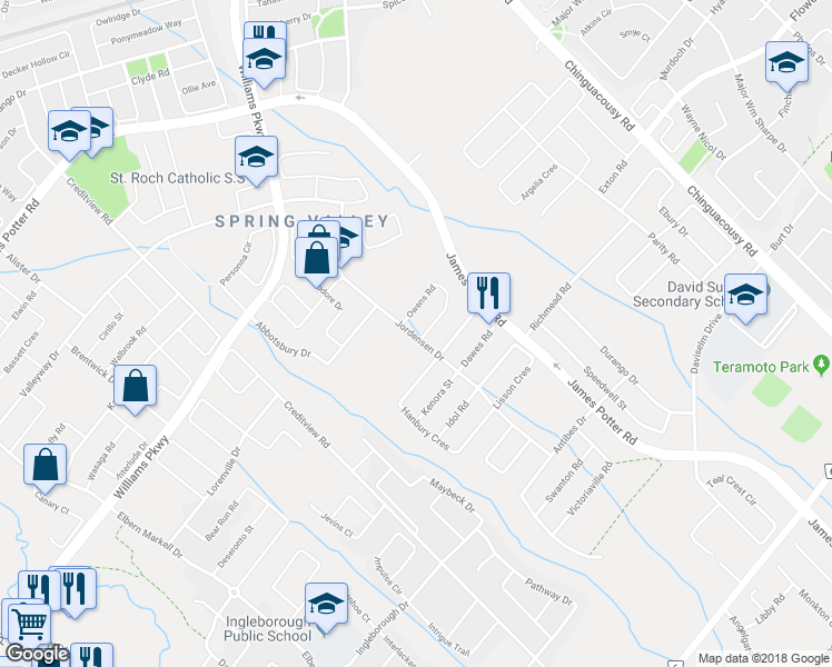 map of restaurants, bars, coffee shops, grocery stores, and more near 2 Dawes Road in Brampton