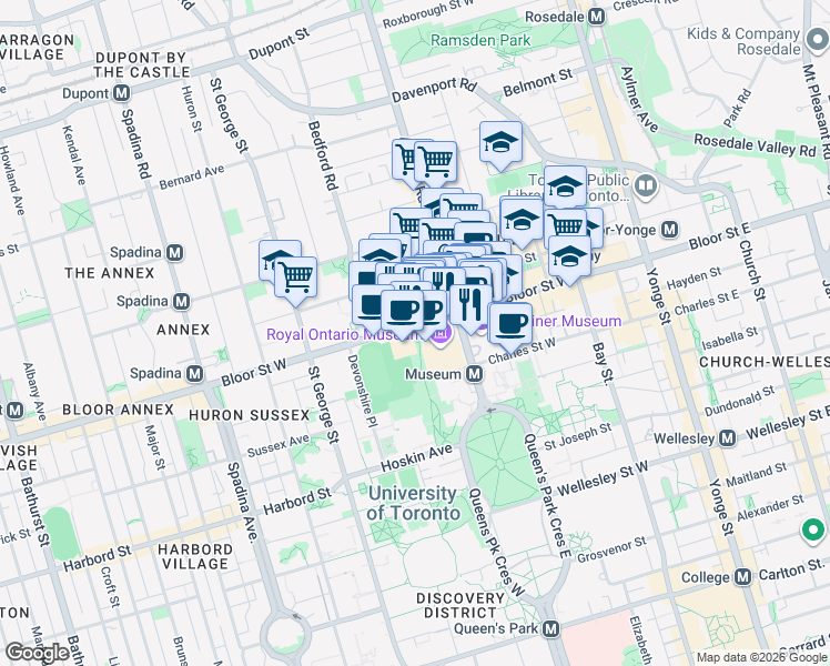 map of restaurants, bars, coffee shops, grocery stores, and more near 235 Bloor Street West in Toronto