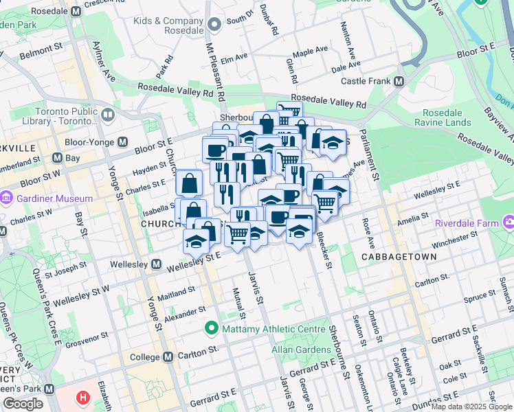 map of restaurants, bars, coffee shops, grocery stores, and more near 61 Earl Street in Toronto