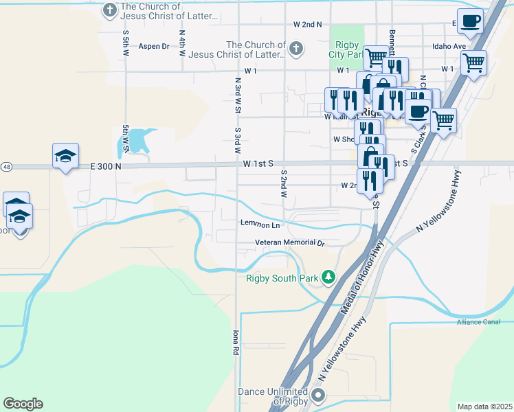 map of restaurants, bars, coffee shops, grocery stores, and more near 371 Summers Street in Rigby