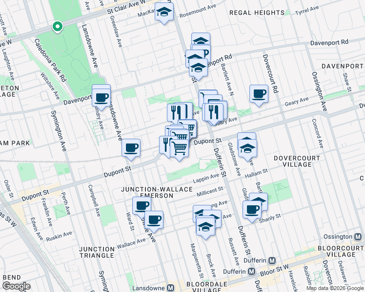 map of restaurants, bars, coffee shops, grocery stores, and more near Dupont Street in Toronto