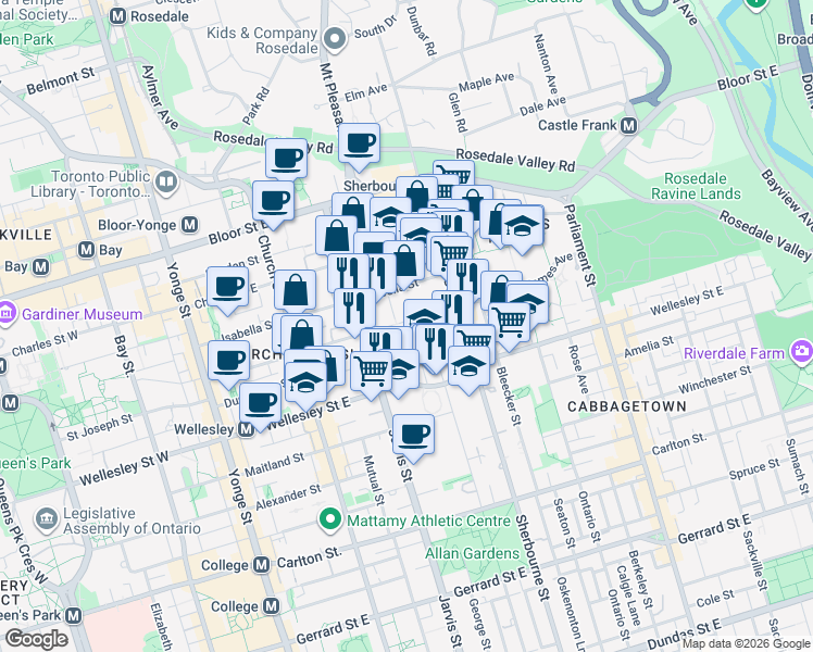 map of restaurants, bars, coffee shops, grocery stores, and more near 21 Earl Street in Toronto