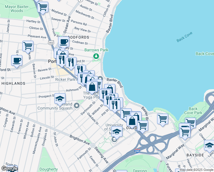 map of restaurants, bars, coffee shops, grocery stores, and more near 13 Dartmouth Street in Portland