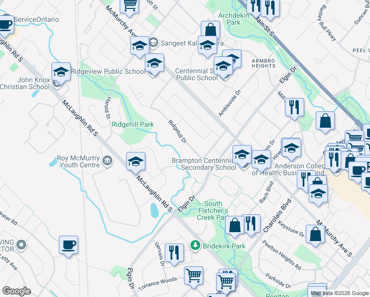 map of restaurants, bars, coffee shops, grocery stores, and more near 11 Ridgehill Drive in Brampton