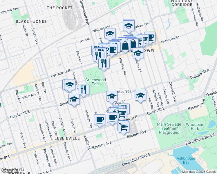 map of restaurants, bars, coffee shops, grocery stores, and more near 139 Greenwood Avenue in Toronto