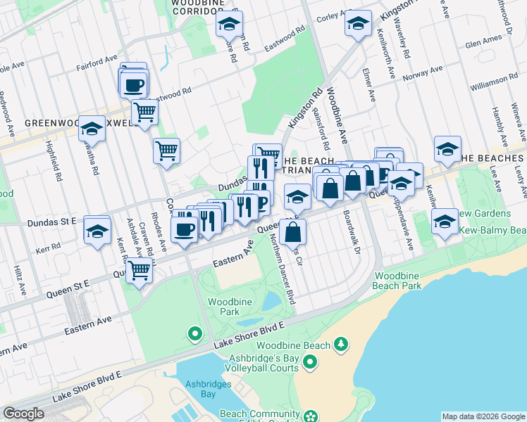 map of restaurants, bars, coffee shops, grocery stores, and more near 37 Kingston Road in Toronto