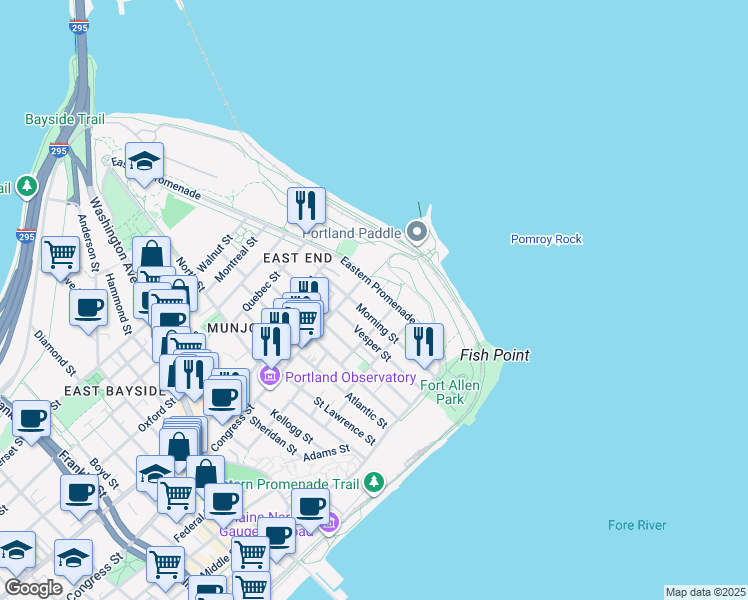map of restaurants, bars, coffee shops, grocery stores, and more near 170 Eastern Promenade in Portland