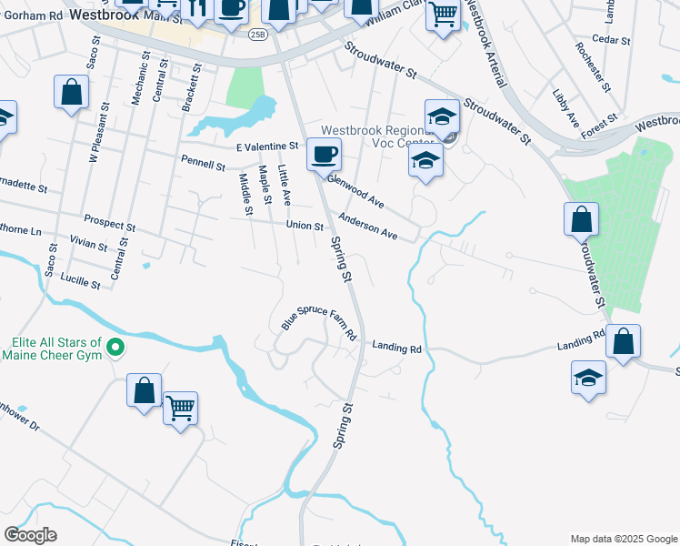 map of restaurants, bars, coffee shops, grocery stores, and more near 247 Spring Street in Westbrook