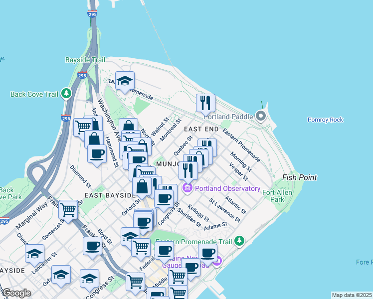 map of restaurants, bars, coffee shops, grocery stores, and more near 41 Merrill Street in Portland