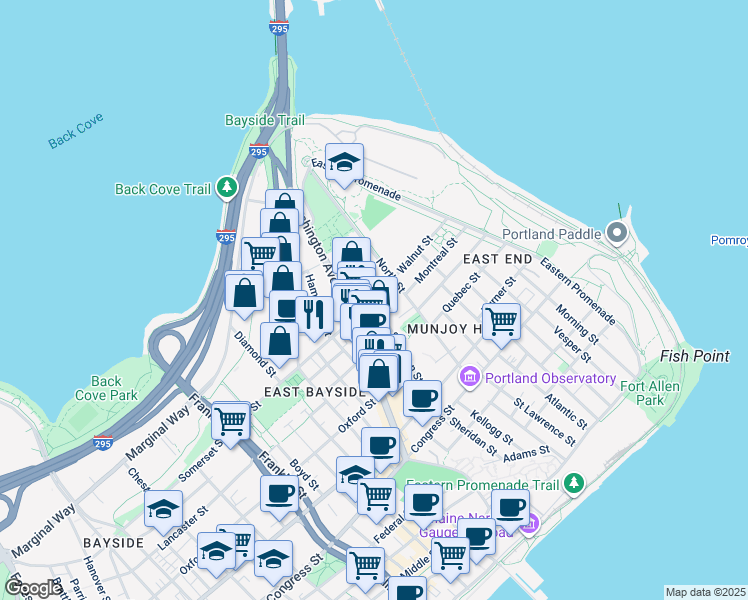 map of restaurants, bars, coffee shops, grocery stores, and more near 191 Sheridan Street in Portland