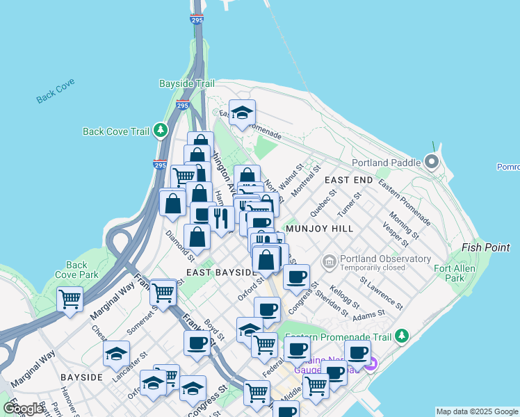map of restaurants, bars, coffee shops, grocery stores, and more near 191 Sheridan Street in Portland