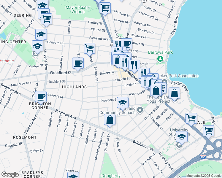 map of restaurants, bars, coffee shops, grocery stores, and more near 186 Coyle Street in Portland