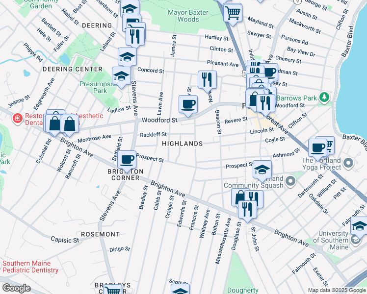 map of restaurants, bars, coffee shops, grocery stores, and more near 30 Seeley Avenue in Portland