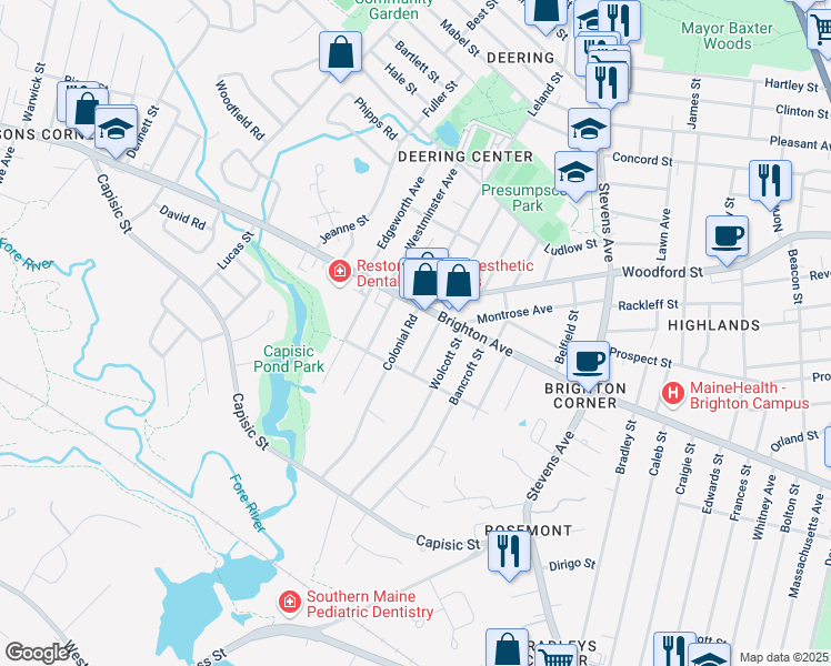 map of restaurants, bars, coffee shops, grocery stores, and more near 21 Fleetwood Street in Portland
