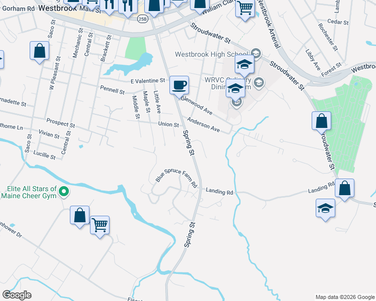 map of restaurants, bars, coffee shops, grocery stores, and more near 247 Spring Street in Westbrook