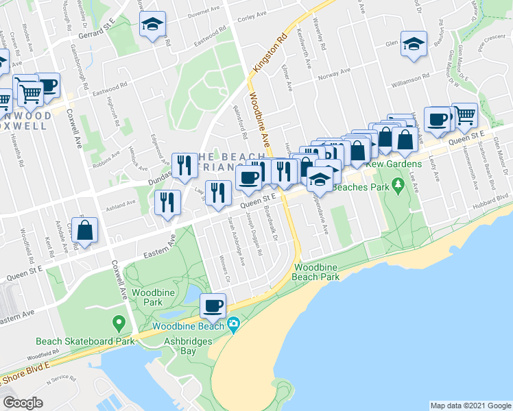 map of restaurants, bars, coffee shops, grocery stores, and more near in Toronto