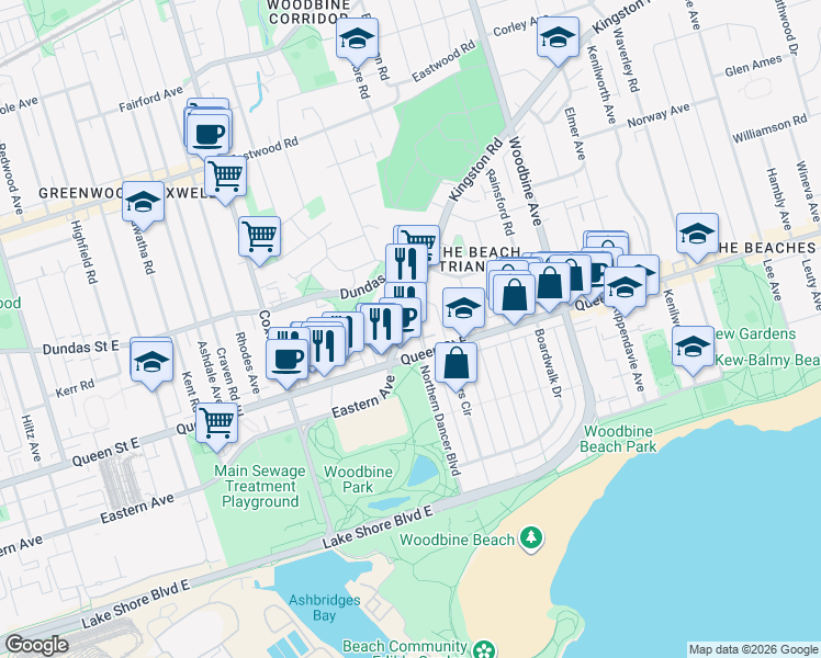 map of restaurants, bars, coffee shops, grocery stores, and more near 1702 A Queen Street East in Toronto