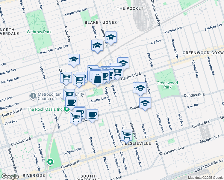 map of restaurants, bars, coffee shops, grocery stores, and more near in Toronto