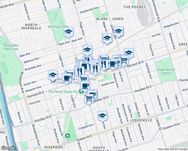 map of restaurants, bars, coffee shops, grocery stores, and more near in Toronto