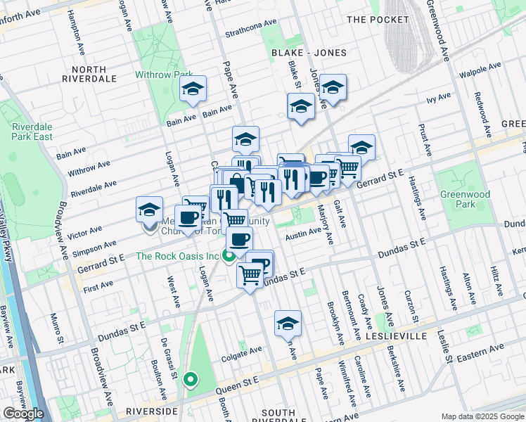 map of restaurants, bars, coffee shops, grocery stores, and more near in Toronto
