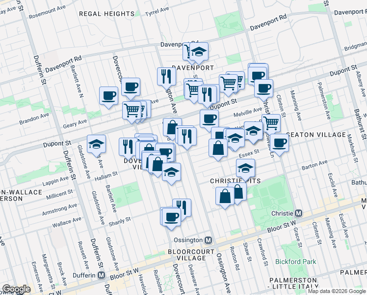 map of restaurants, bars, coffee shops, grocery stores, and more near in Toronto