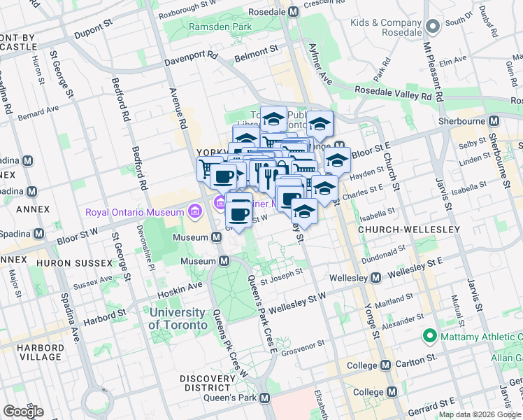 map of restaurants, bars, coffee shops, grocery stores, and more near 2 Saint Thomas Street in Toronto