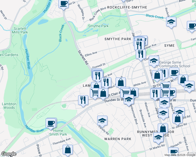 map of restaurants, bars, coffee shops, grocery stores, and more near in Toronto