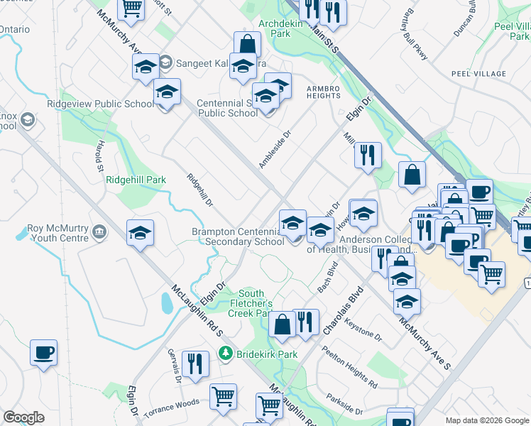 map of restaurants, bars, coffee shops, grocery stores, and more near 104 Elgin Drive in Brampton