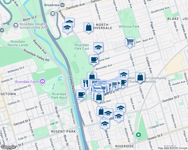 map of restaurants, bars, coffee shops, grocery stores, and more near 455 Broadview Avenue in Toronto