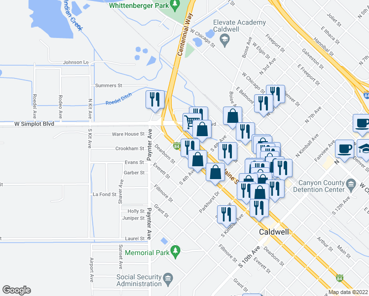 map of restaurants, bars, coffee shops, grocery stores, and more near 217 Cleveland Boulevard in Caldwell
