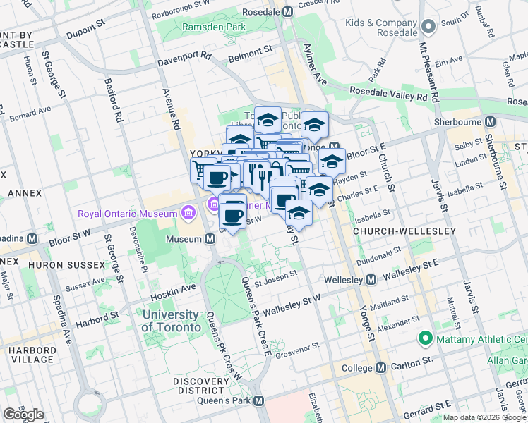 map of restaurants, bars, coffee shops, grocery stores, and more near 1 Saint Thomas Street in Toronto