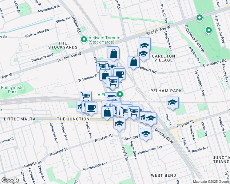 map of restaurants, bars, coffee shops, grocery stores, and more near 2 Mulock Avenue in Toronto