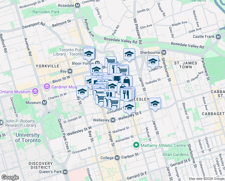 map of restaurants, bars, coffee shops, grocery stores, and more near 40 Isabella Street in Toronto