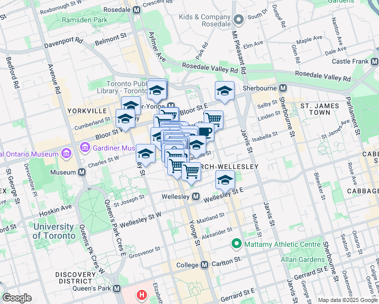 map of restaurants, bars, coffee shops, grocery stores, and more near 30 Isabella Street in Toronto