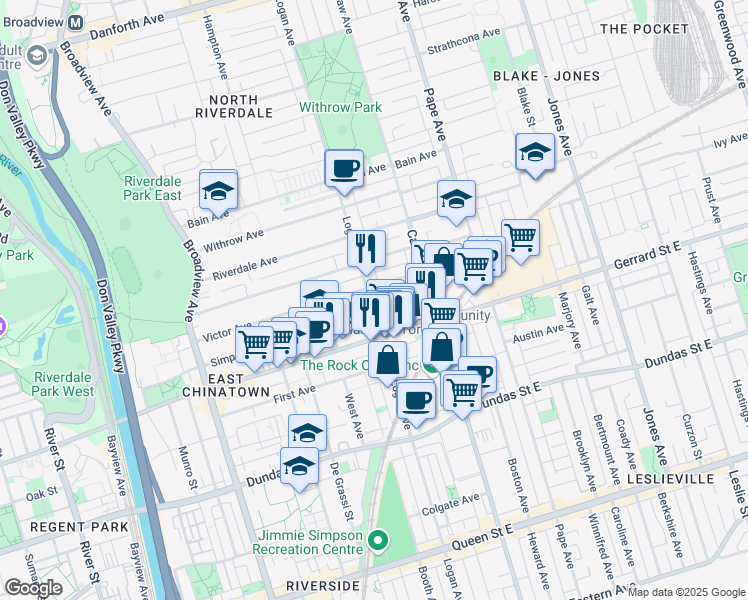 map of restaurants, bars, coffee shops, grocery stores, and more near 525 Logan Avenue in Toronto